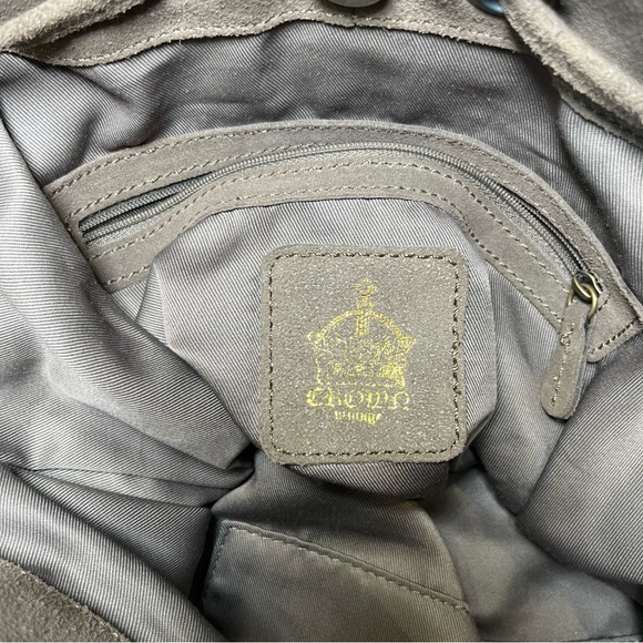 Crown Vintage Suede Drawstring Satchel Handbag. Brown with Gold Stud Accents - Picture 13 of 15